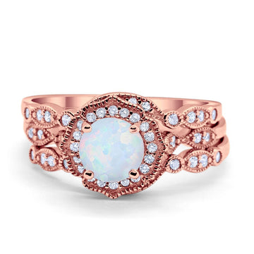 Halo Three Piece Wedding Rose Tone, Lab Created White Opal Ring 925 Sterling Silver